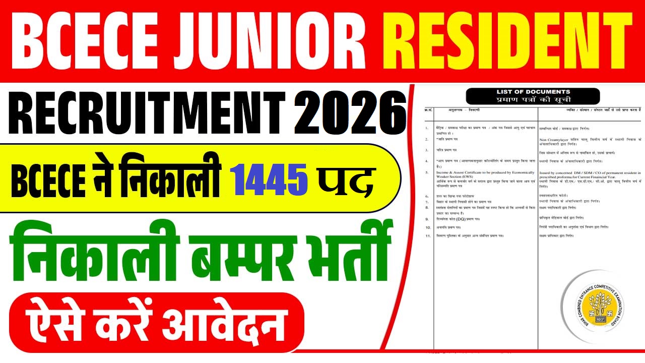 Bihar BCECE Junior Resident Recruitment 2026 Apply For 1445 Posts